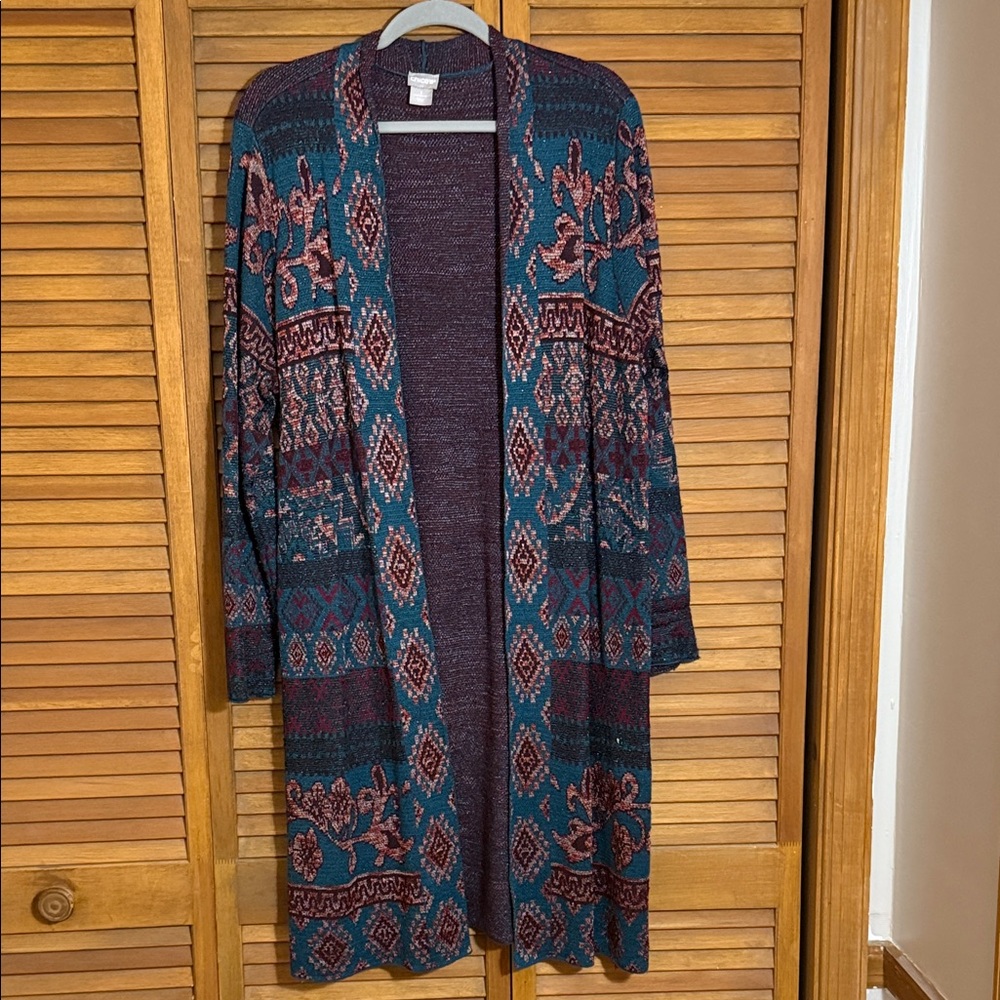 Chico's Shimmering Teal and Burgundy Patterned Long Cardigan